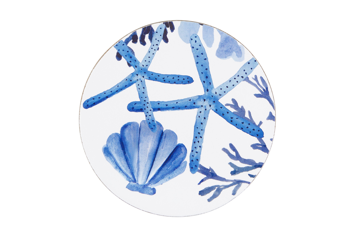 Maxwell & Williams Blue Coral Round Cork Back Coaster 10cm Set of 4 Gift Boxed