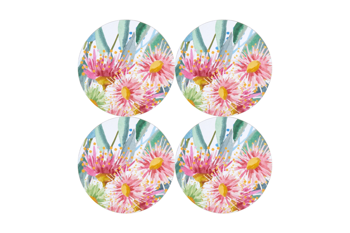 Maxwell & Williams Royal Botanic Gardens Eucalyptus Bloom Round Cork Back Coaster 10cm Set of 4 Gift Boxed