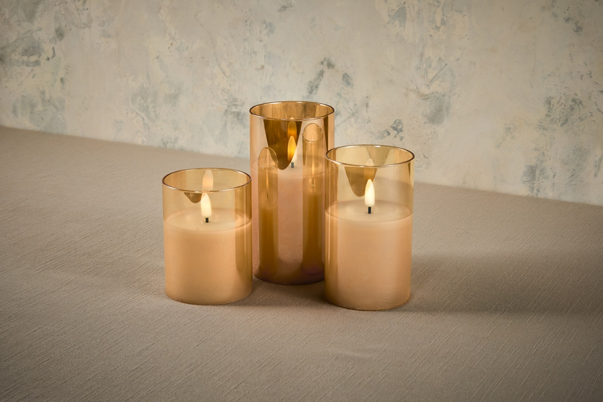 Maxwell & Williams Let's Get Lit LED Flameless Candle Glass Hurricane Gold Set of 3 Gift Boxed