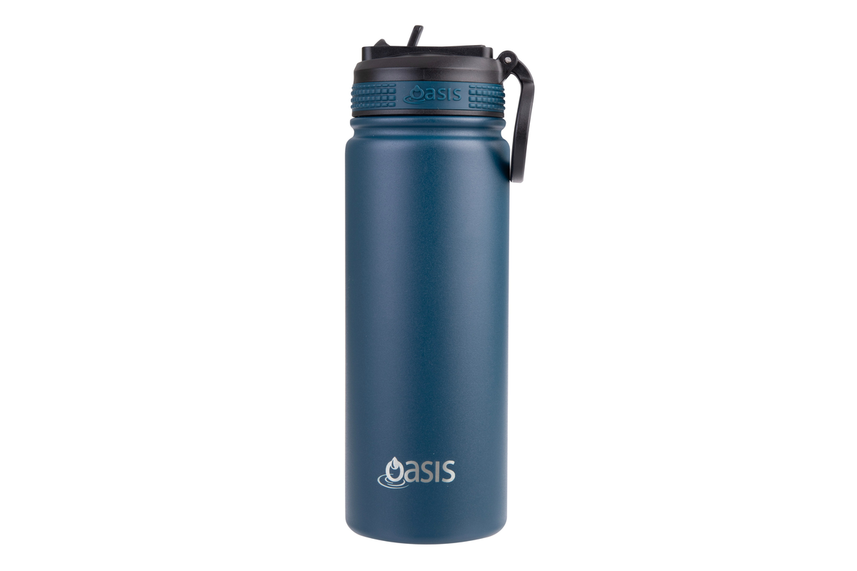 Oasis Stainless Steel Double Wall Challenger Bottle with Sipper Straw 550ml Navy